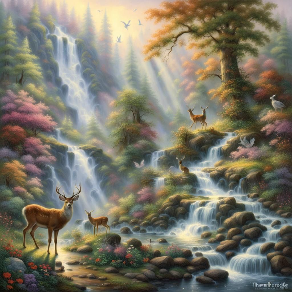 Ethereal Forest Waterfall with Deer in Kinkade Style