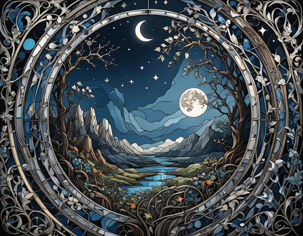 Apocalyptic Moon Phases in Stained Glass Style