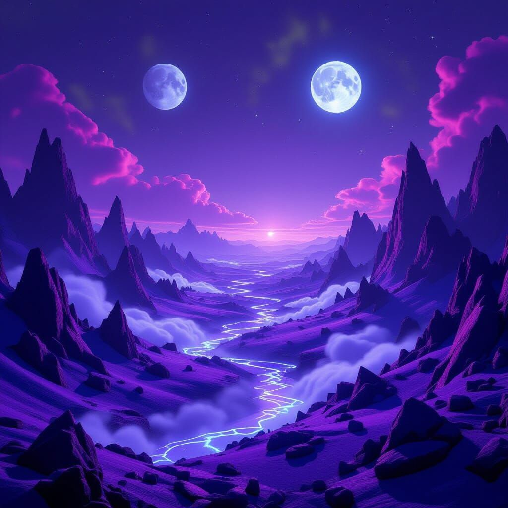 Alien Violet Landscape Under Purple Sky in 3D Graphics