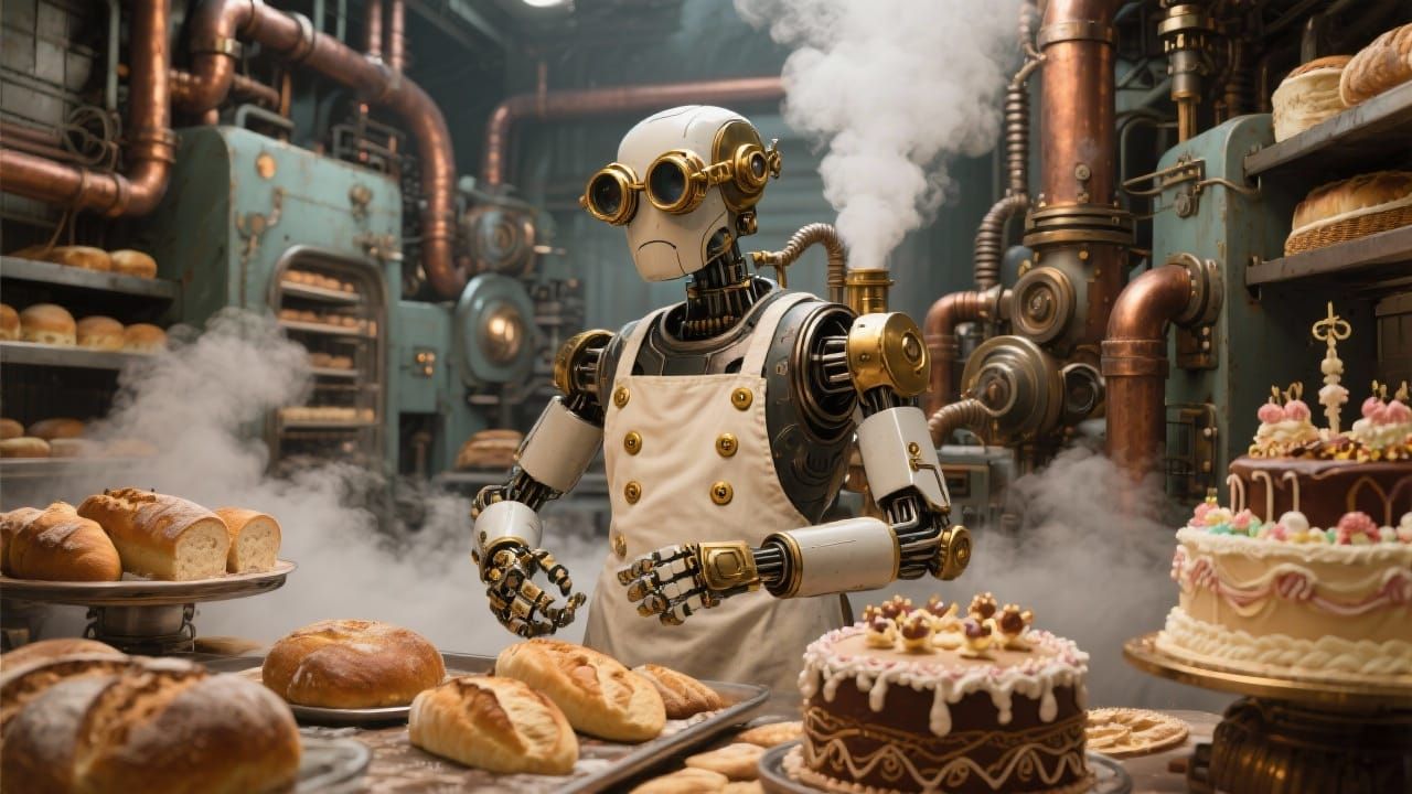 Steampunk Robot Baker in Automated Bakery