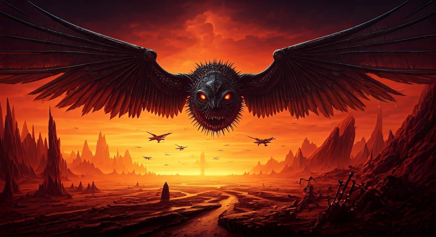 Flying Metal Monster Soaring Over Hellish Landscape