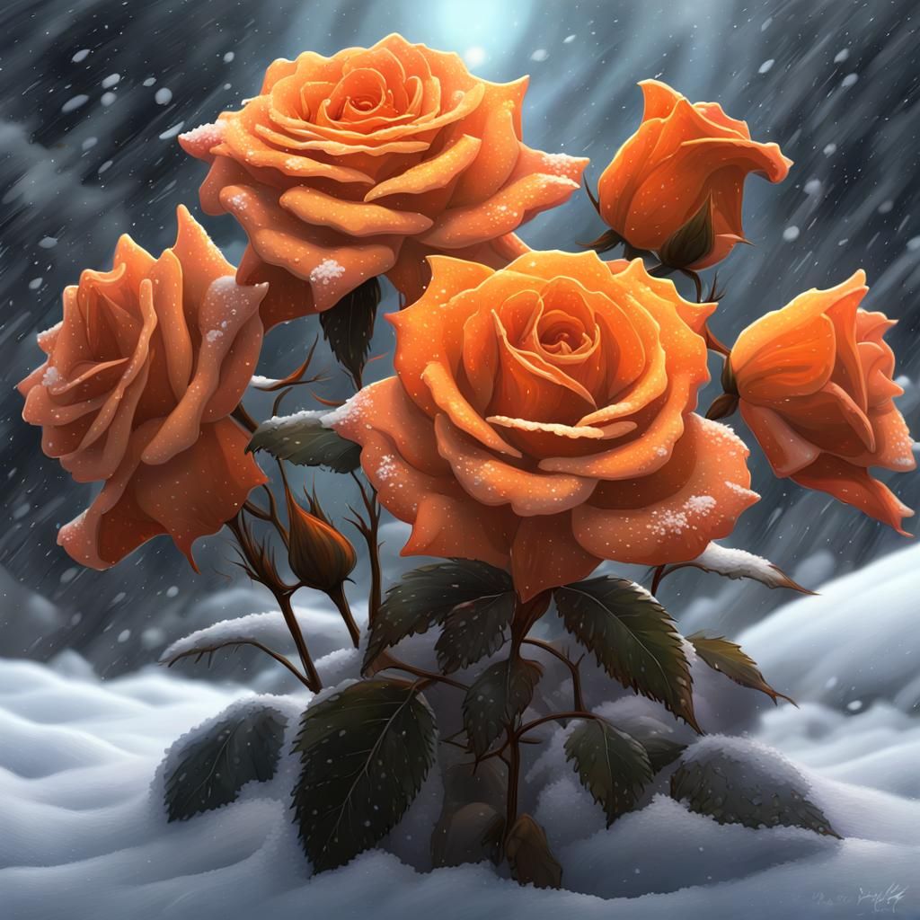 Galactic Orange Rose Exploding in Snowy Scene