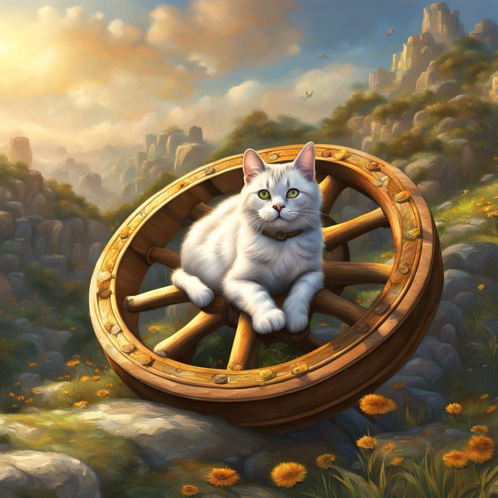 Cat Rolls Downhill on Wooden Wheel in Fantasy Painting Style