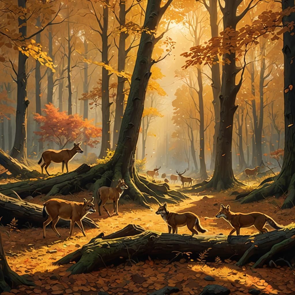 Impressionist Autumn Animals in Misty Forest