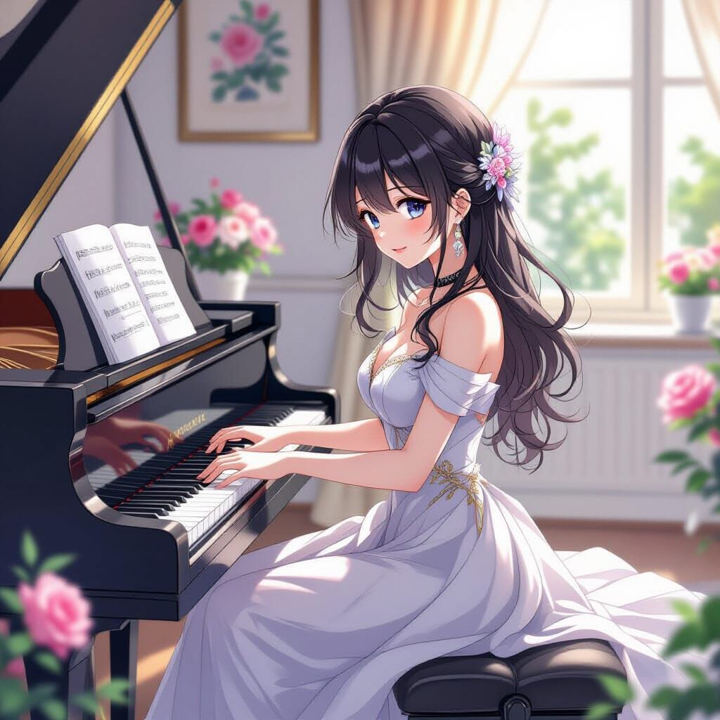 Elegant Anime Girl Plays Piano in Serene Room