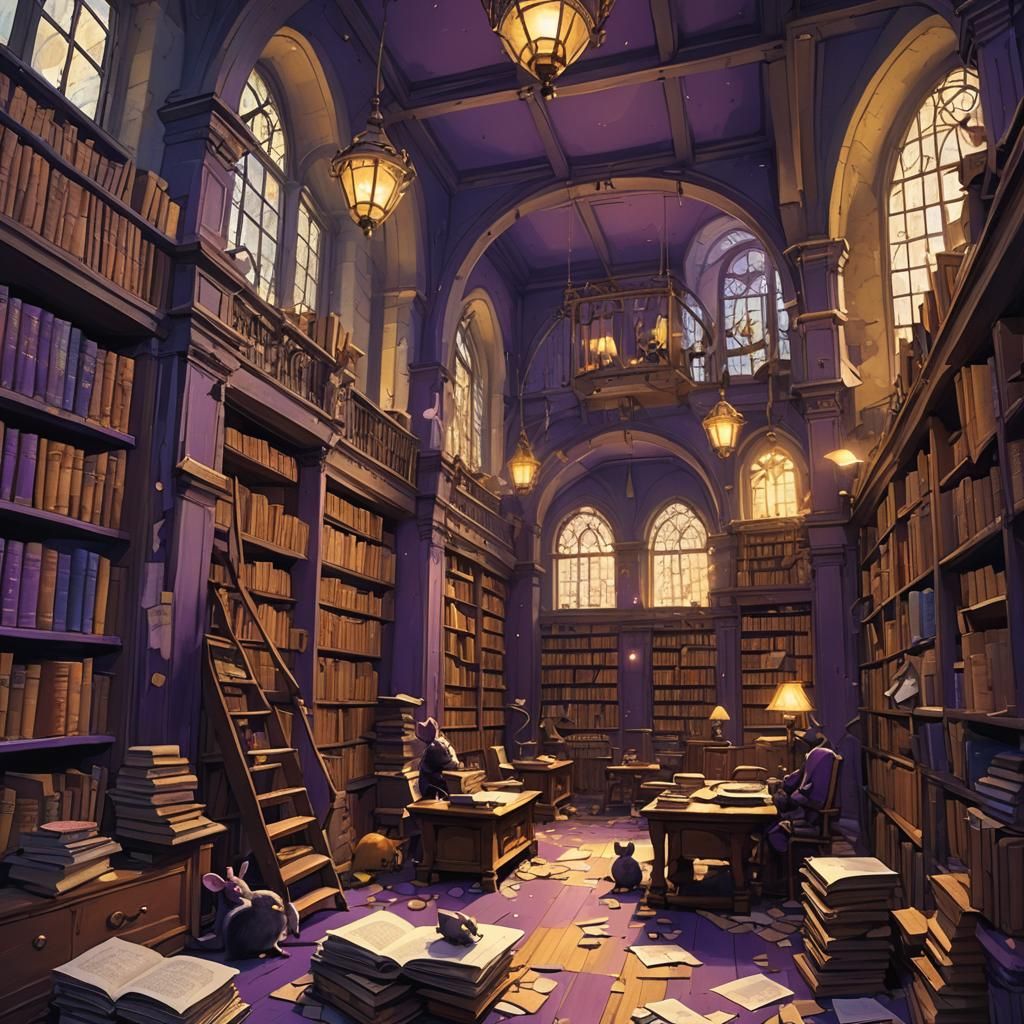Dark Fantasy Library Concept Art in Purple and Yellow