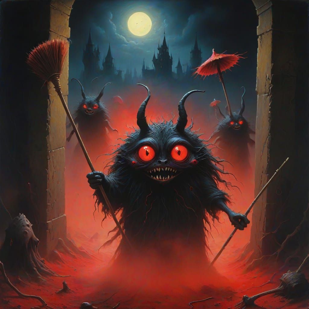 Dark Fantasy Oil Painting of Evil Dust Bunnies