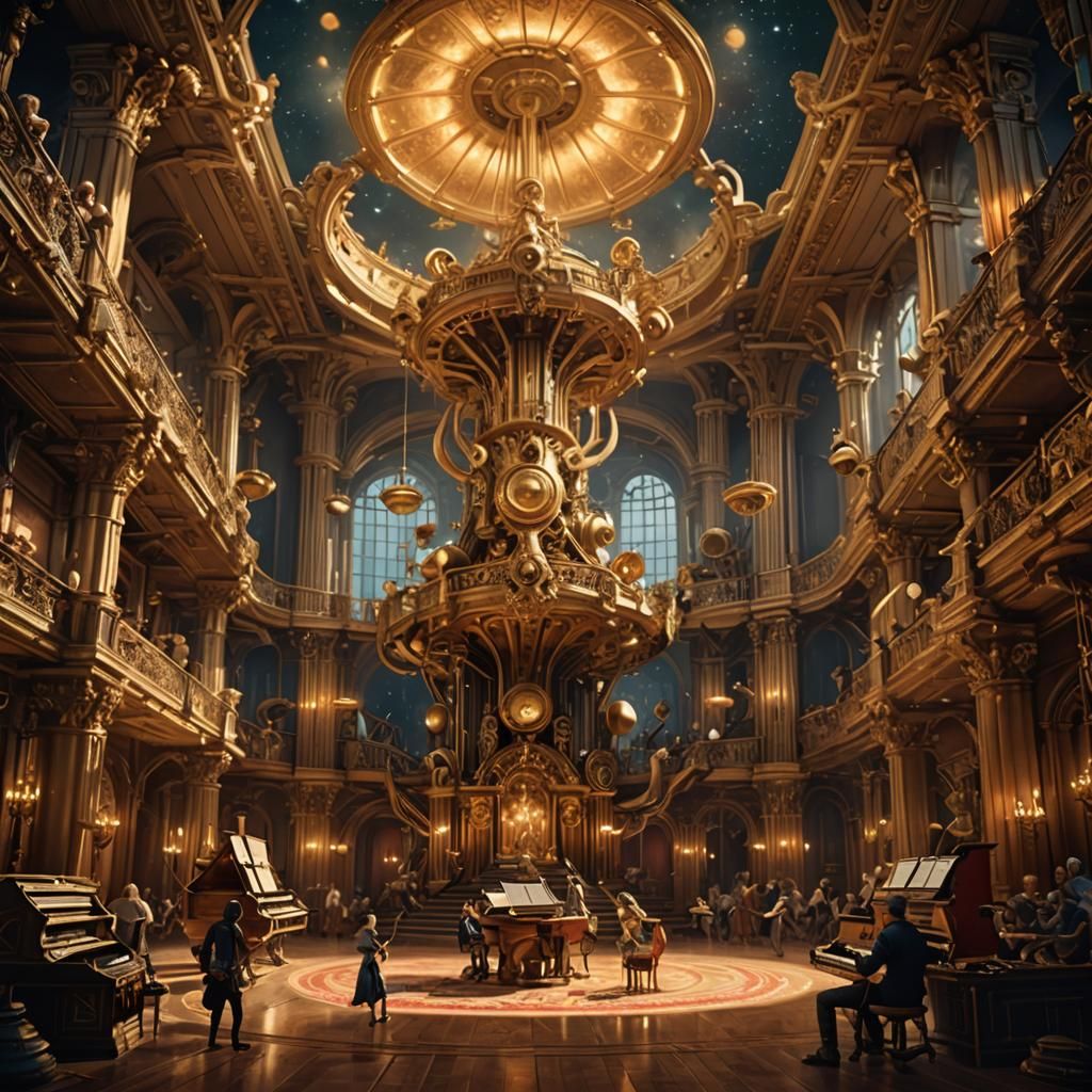 Baroque-Inspired Aetherpunk Music Hall Concept Art