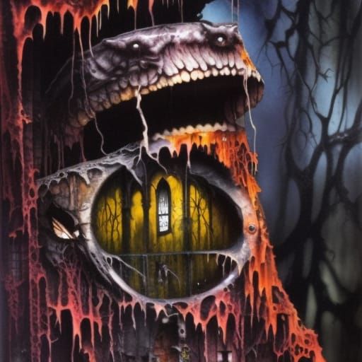 Swamp House with Shadowy Creatures in Watercolor Style