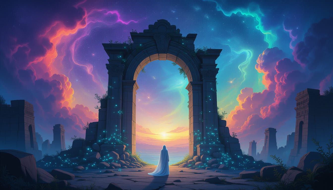 Ancient Gateway in Iridescent Nebula, Vivid Surrealism