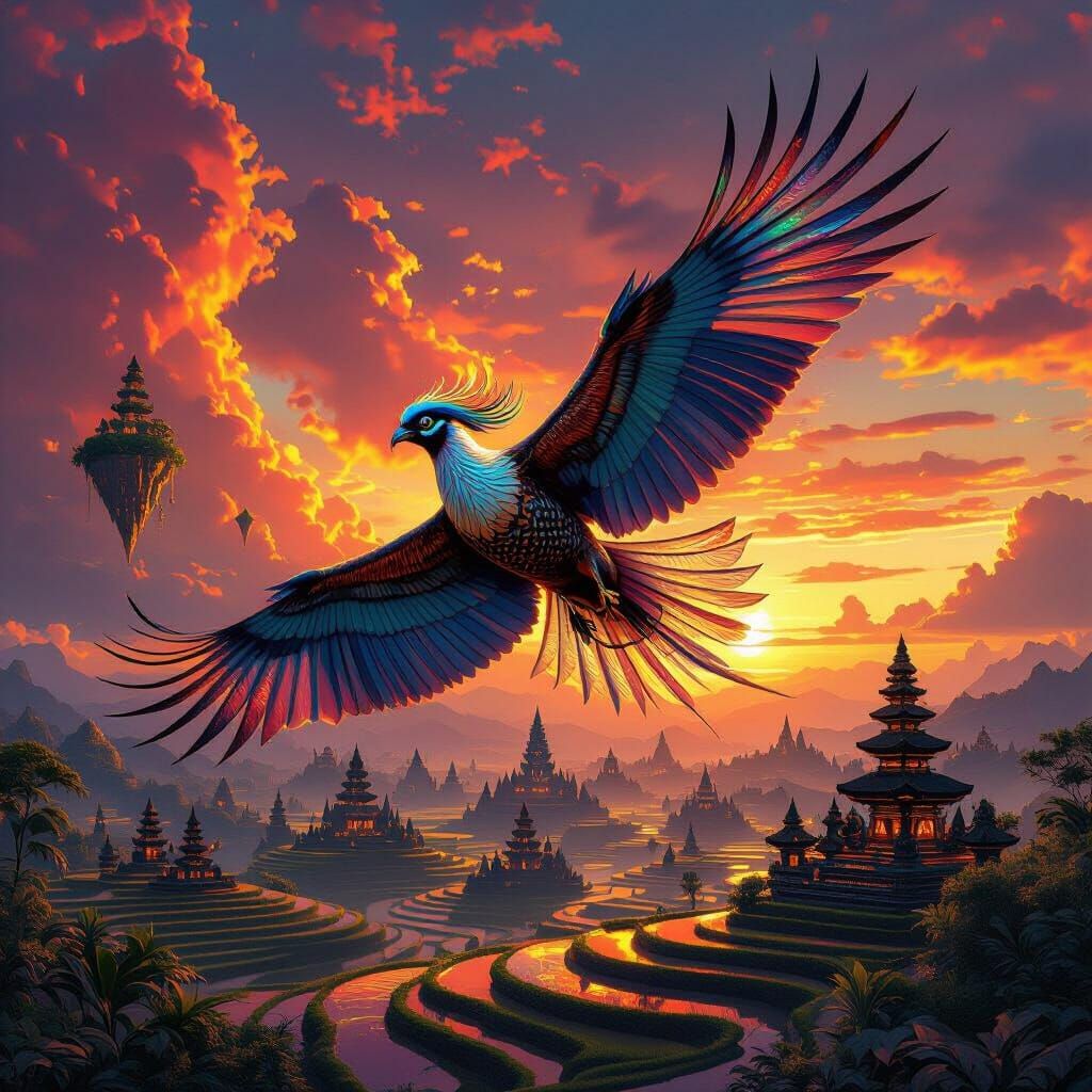 Roc Soaring Over Futuristic Bali, Hyperrealistic Rendering