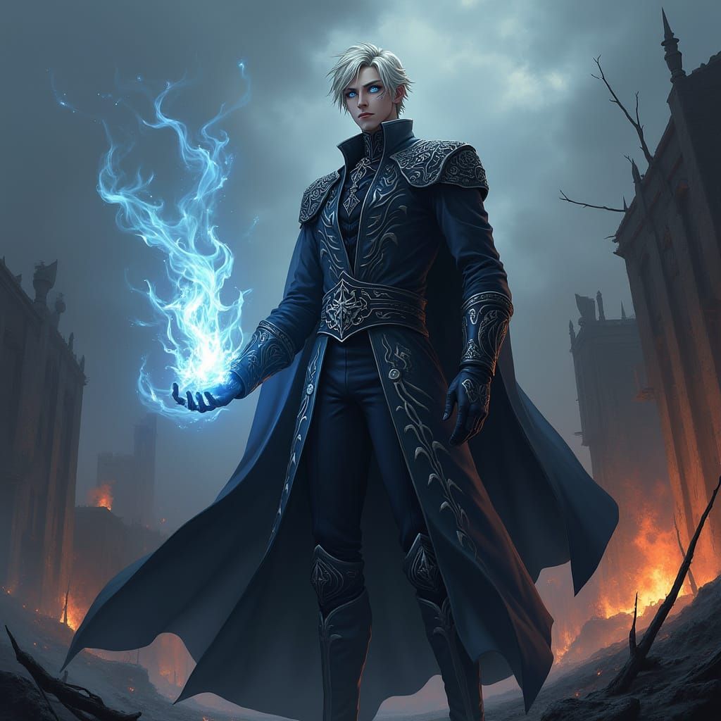 Anime-Style Dark Lord with Platinum Hair and Icy Eyes