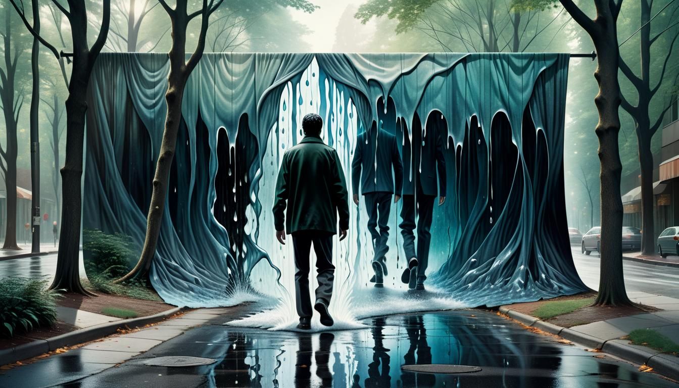 Surrealist Melting Sidewalk Scene with Water Curtain