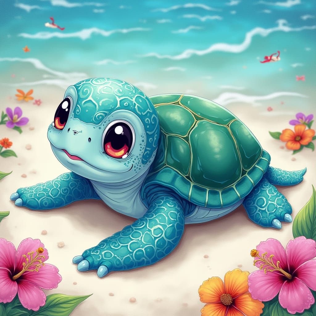 Whimsical Baby Sea Turtle in Vibrant Tropical Paradise