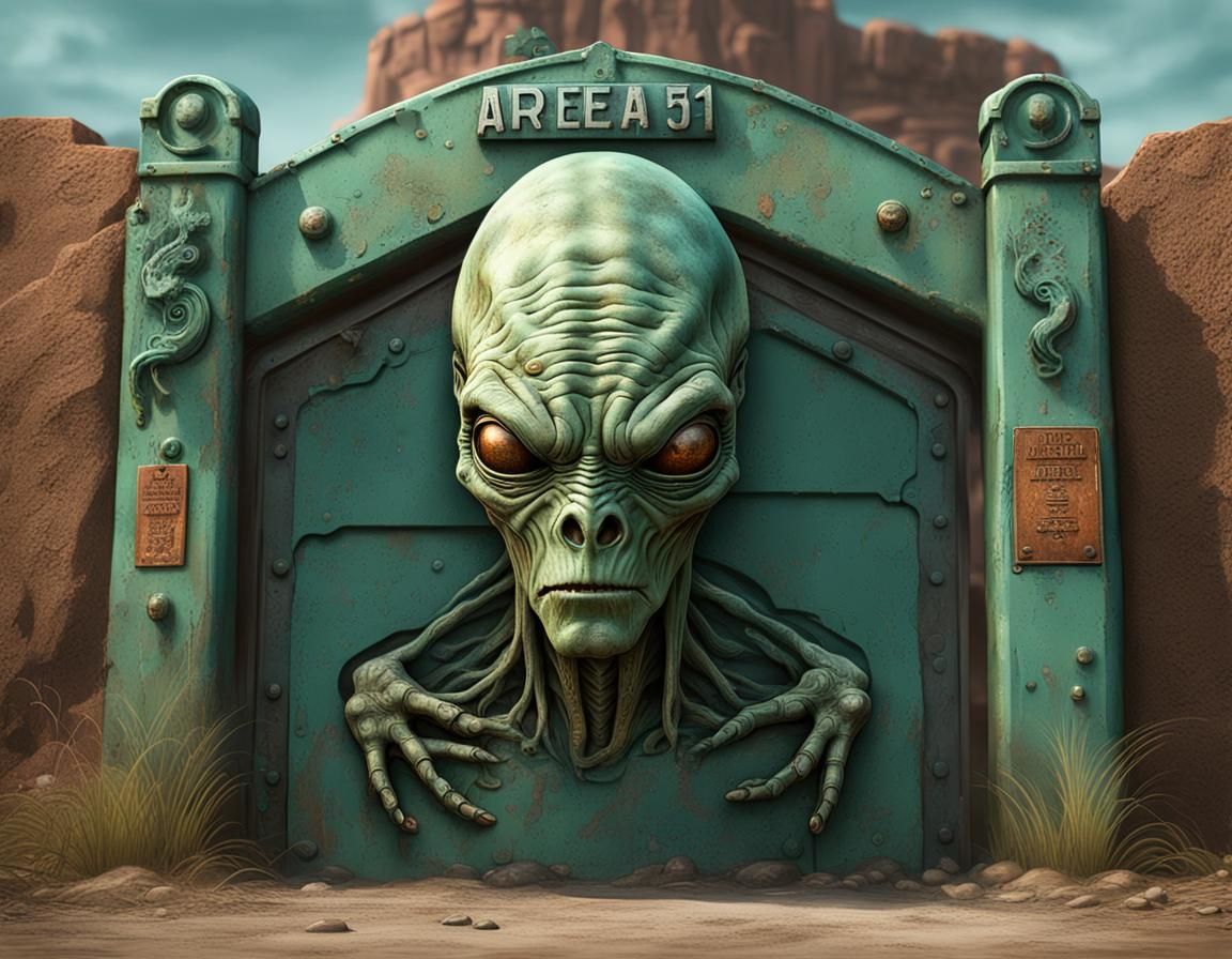 Hyperrealistic Alien Guarding Area 51 Gate