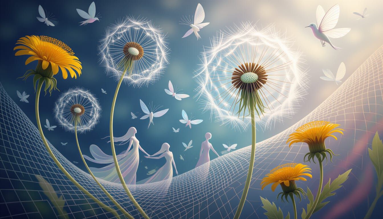Ethereal Filigree Being in Dandelion Balloon, Bio-Art