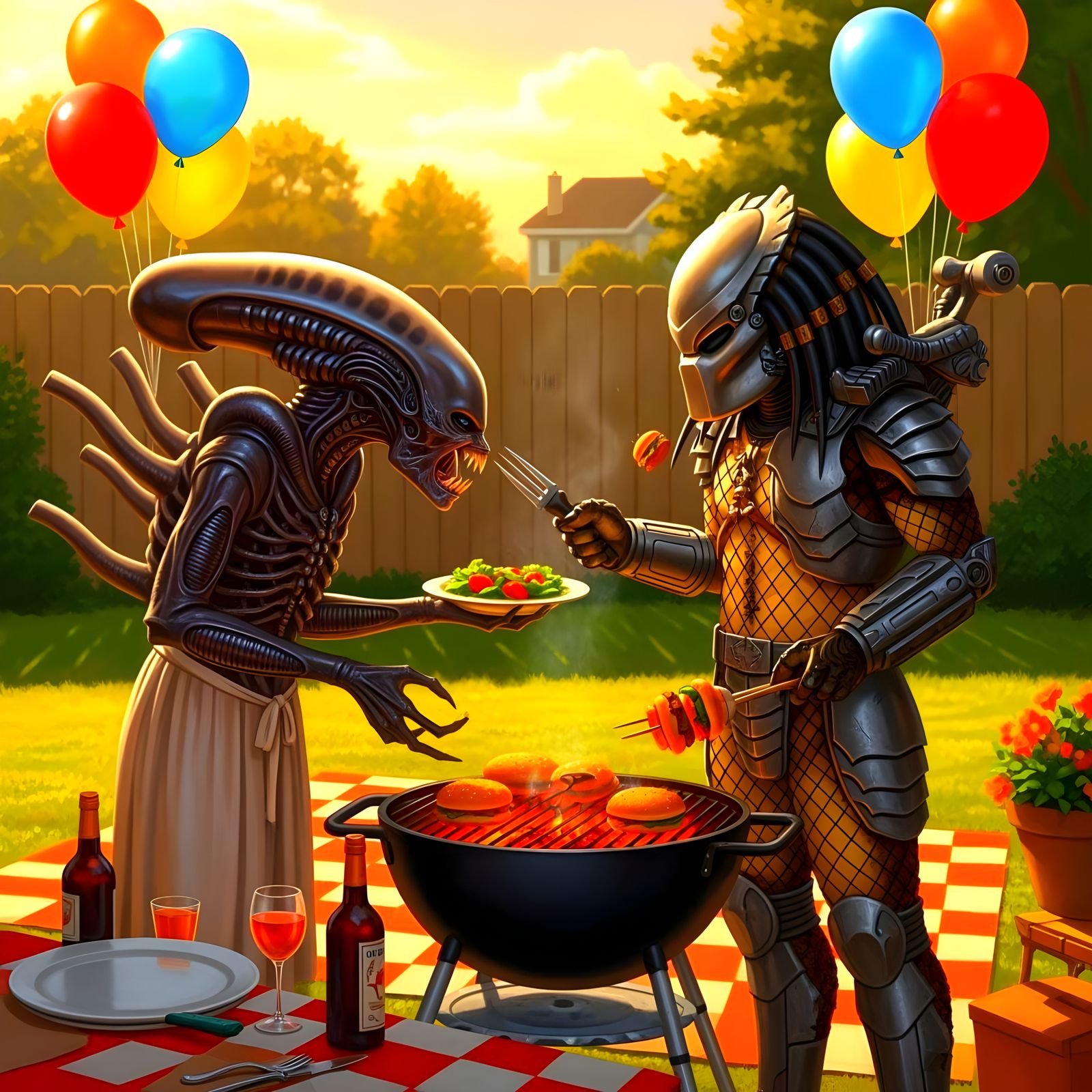 Alien and Predator as Best Friends at a Cookout