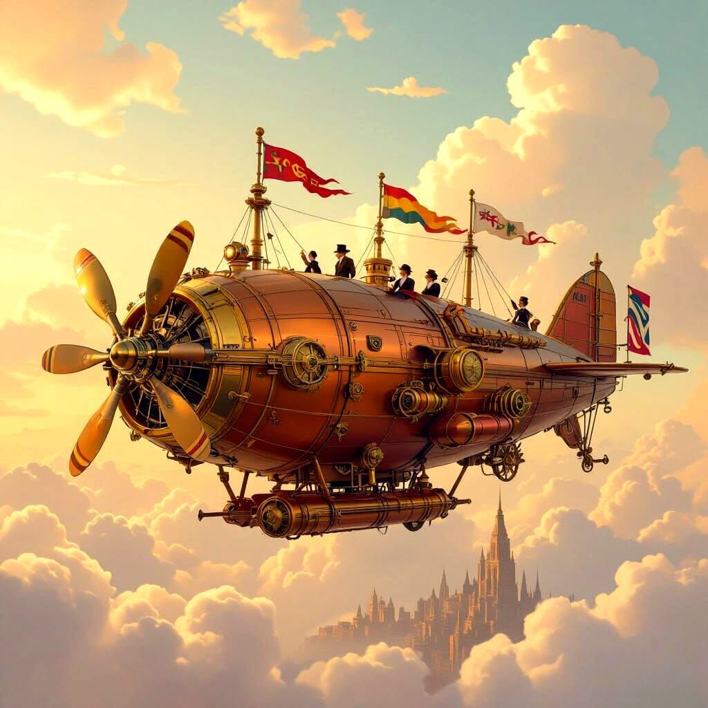 Steampunk Airship Soaring Above Cityscape
