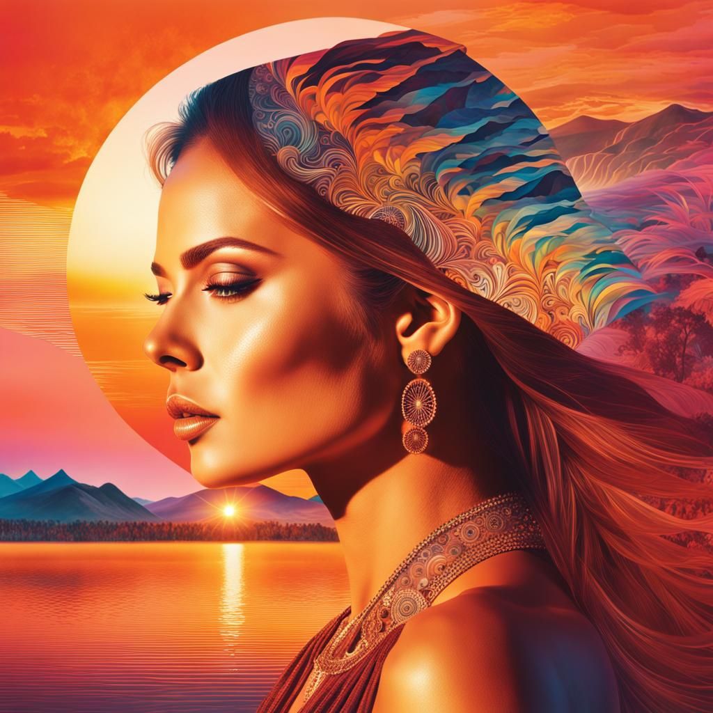 Surreal Double Exposure: Woman and Sunset Portrait