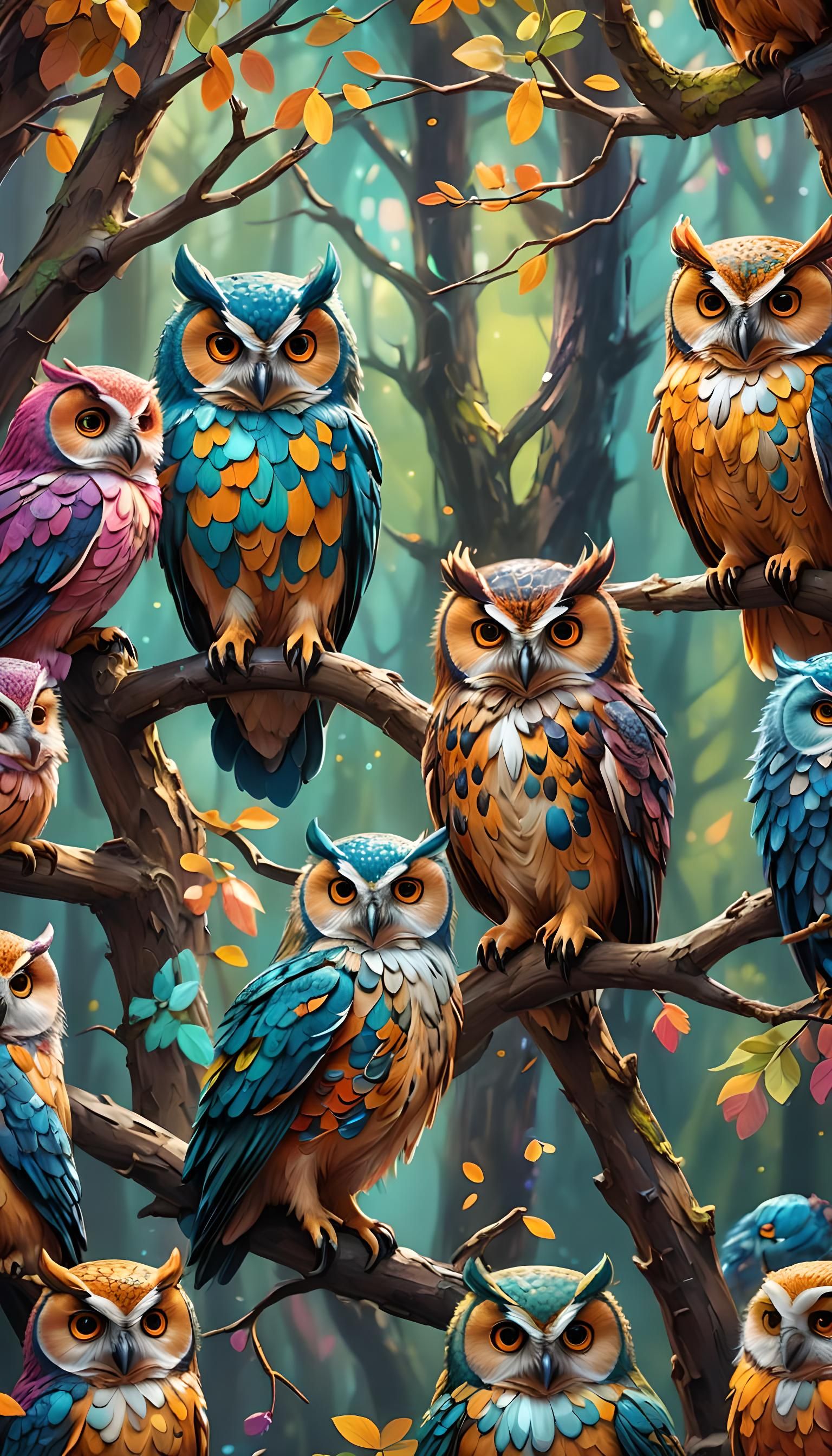 Colorful Fluffy Owls on Branch: Detailed Matte Painting