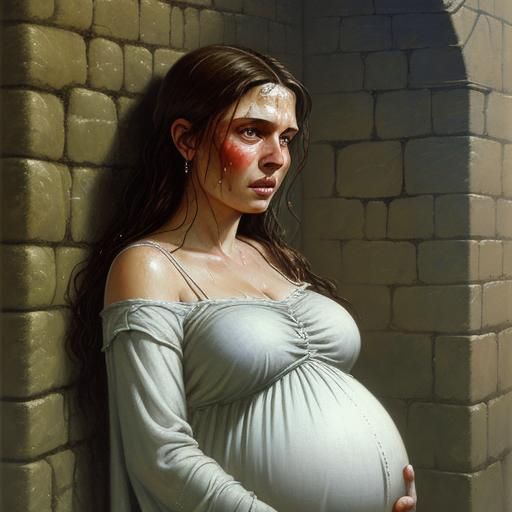 Pregnant Girl's Anguish at Medieval Castle Wall