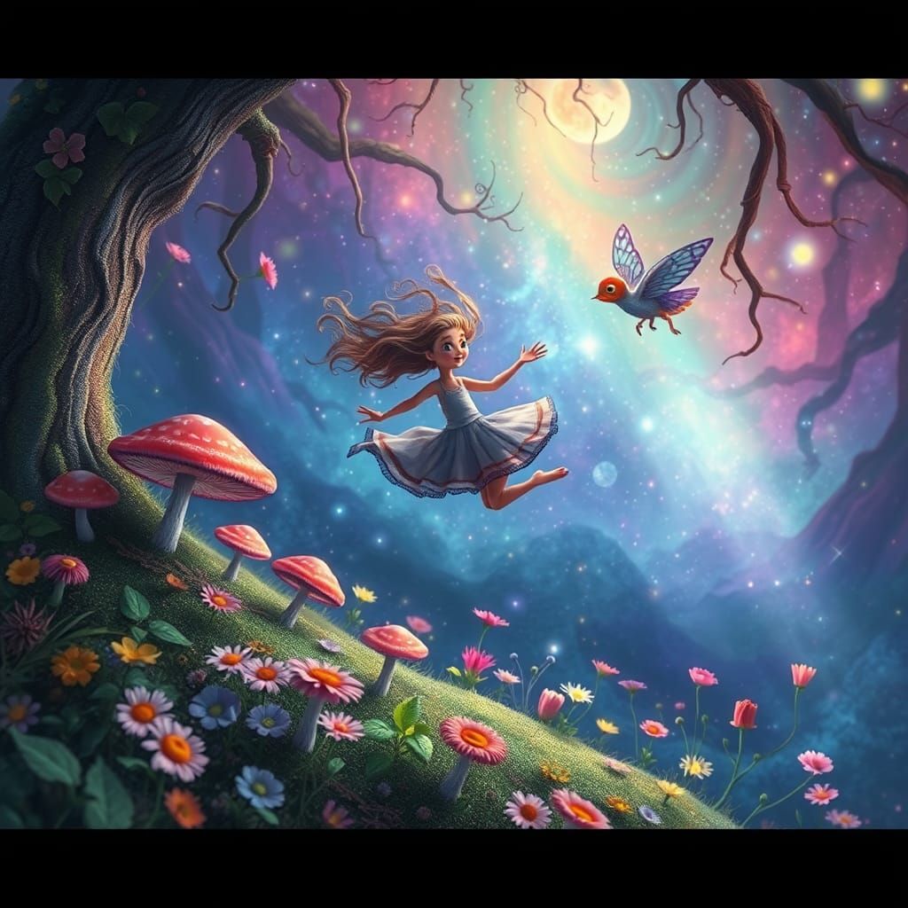 Fairytale Coloring Book Illustration of Girl Running