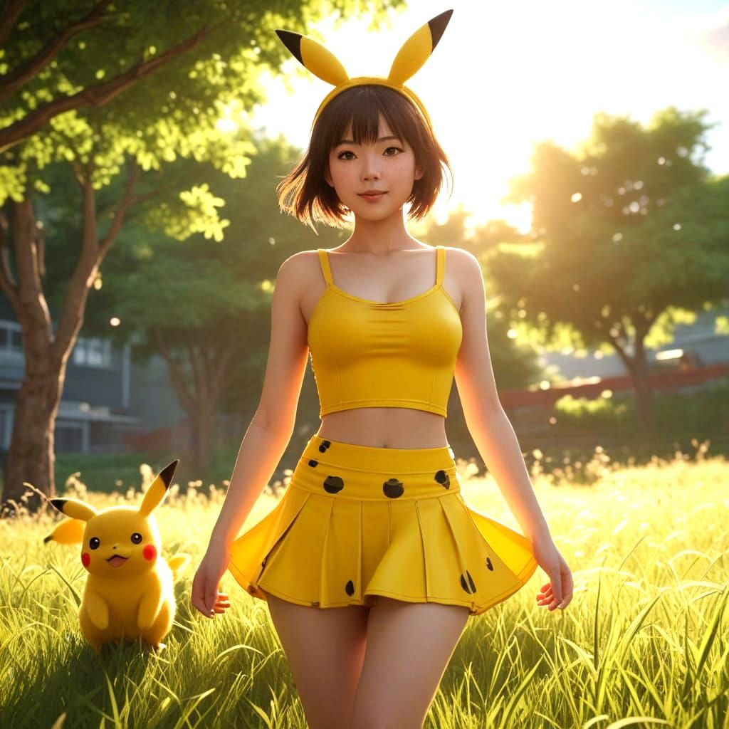 Surreal Anime Woman in Pikachu Costume Leaps Joyfully in a V...