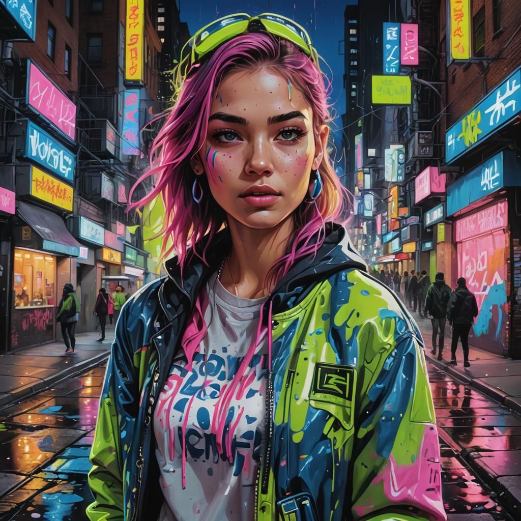 Neon City Girl: Vibrant Graffiti Street Art