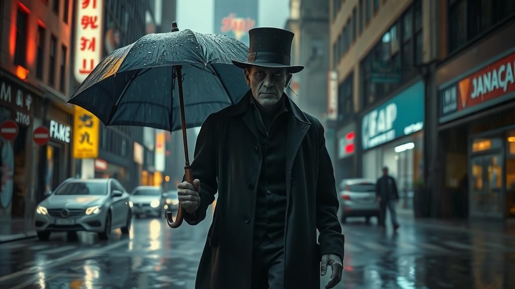 Frankenstein's Monster in Rainy Cityscape, Hyperrealistic