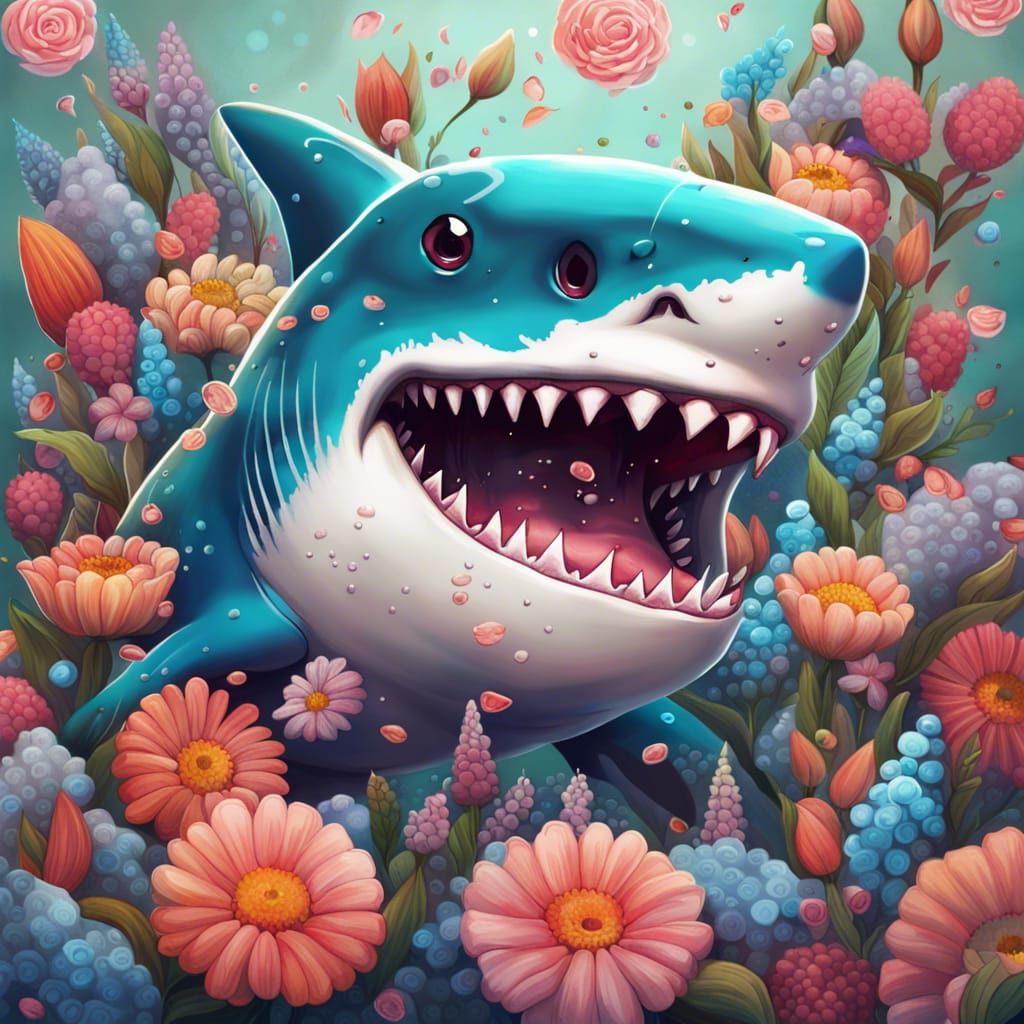 Shark Surrounded by Flowers: Pop Surrealism Art