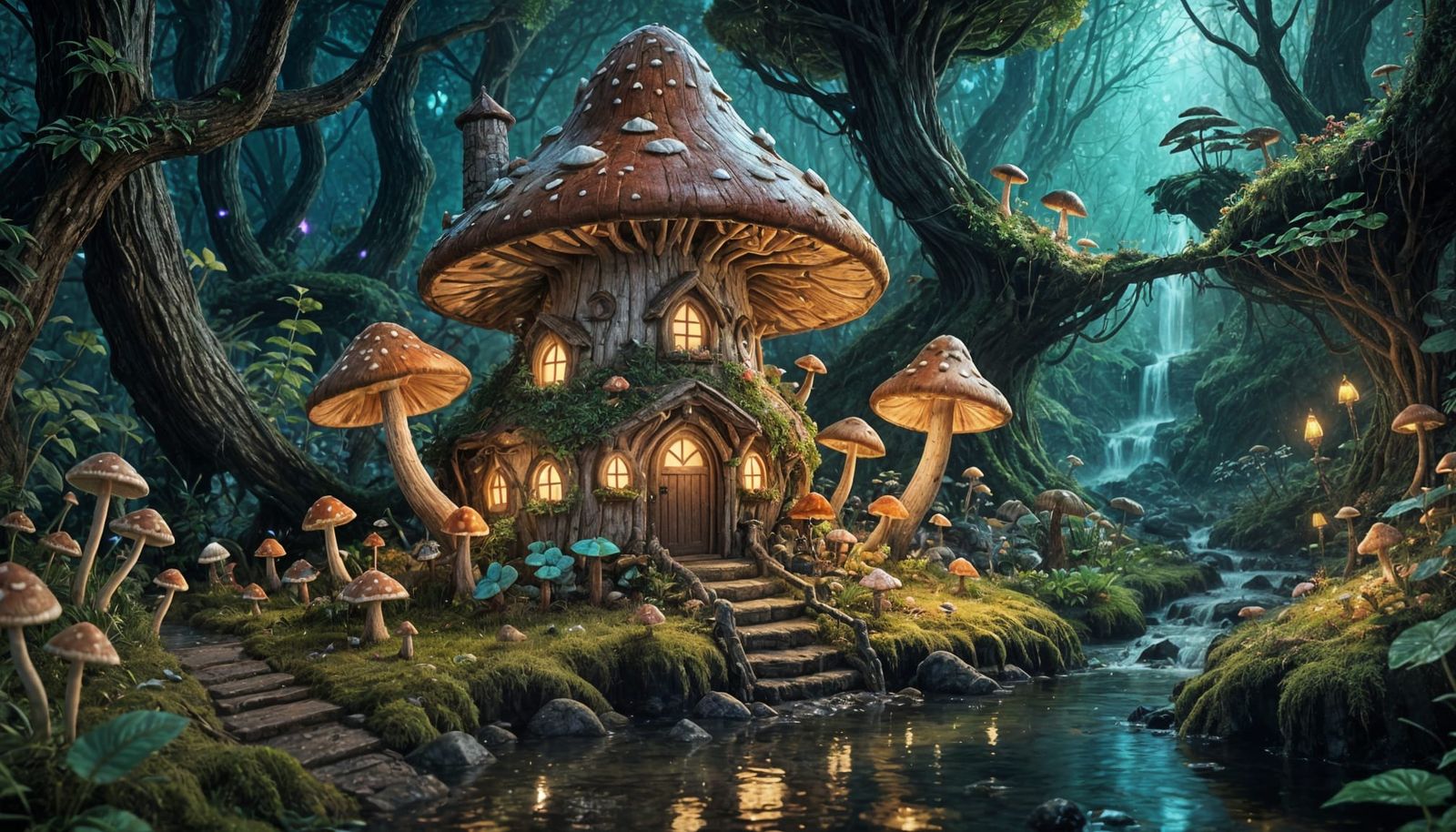 Fairy Mushroom House in Bioluminescent Forest, Matte Paintin...