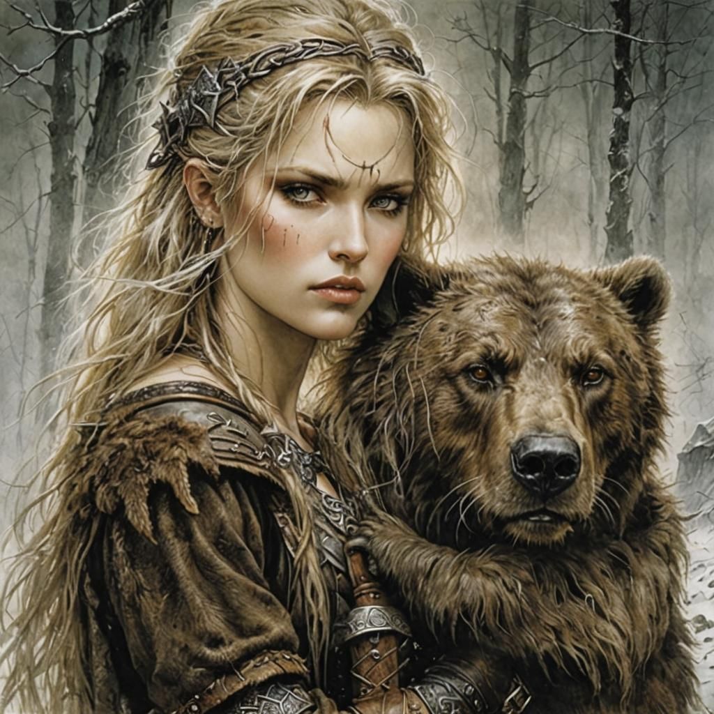 Norse Shieldmaiden with Guardian Bear in Fantasy Style