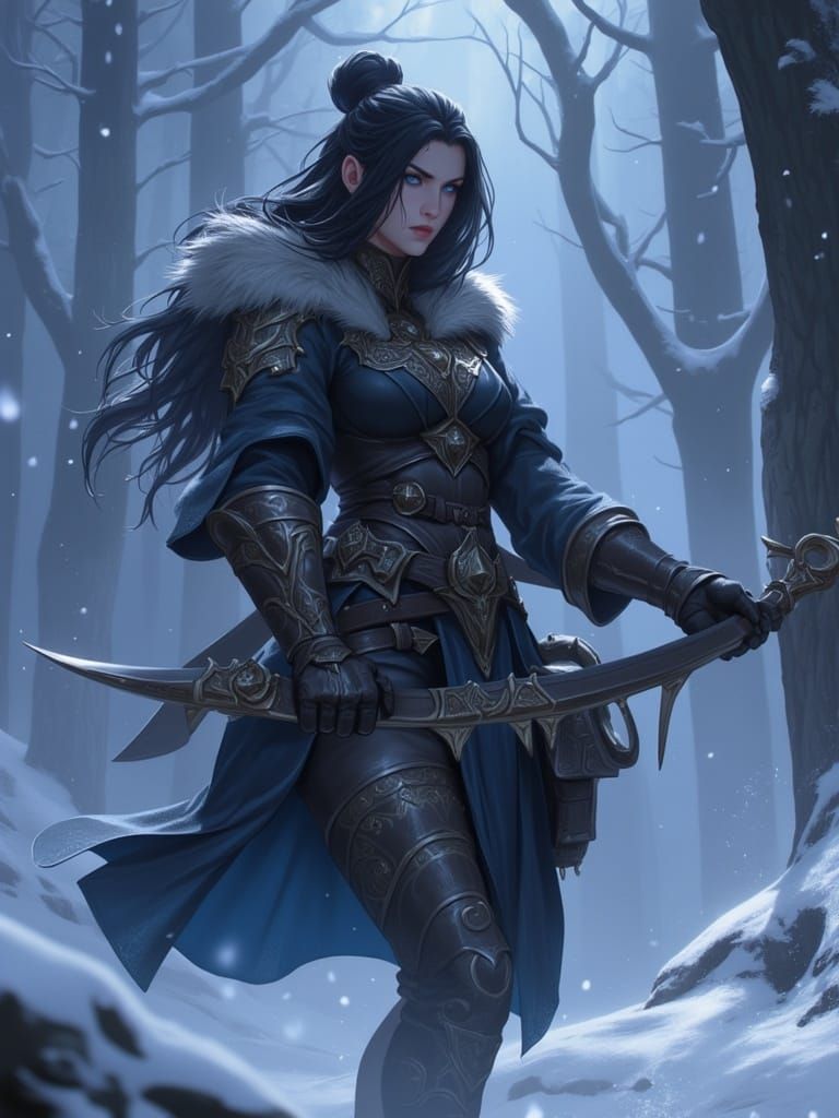 Fierce Female Warrior in Snowy Forest, Fantasy Art