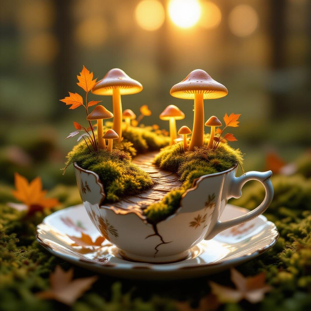 Enchanted Forest Teacup Scene with Autumn Glow
