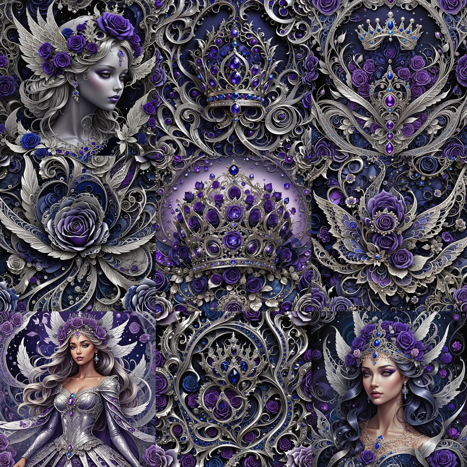 Silver Wings, Crown, and Roses in Abstract Fractal Art