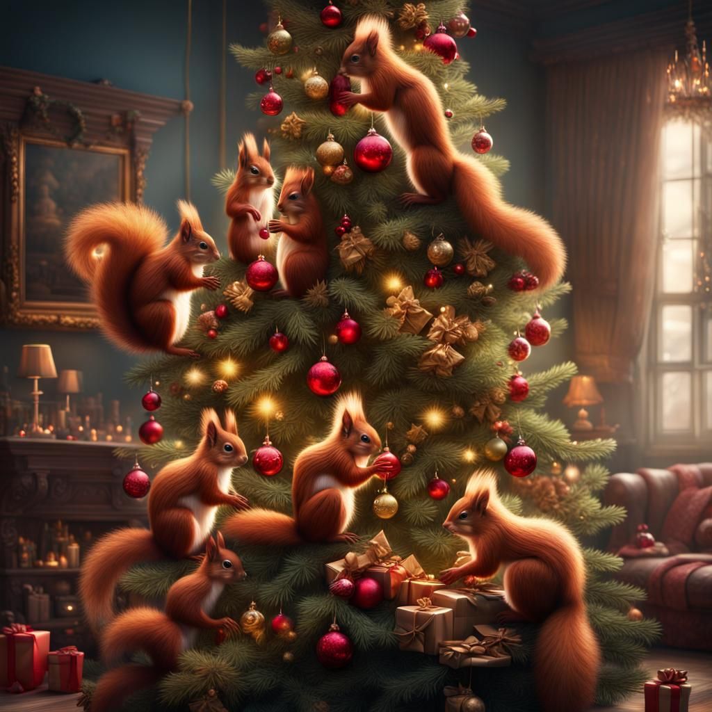 Red Squirrels Decorating Christmas Tree: Digital Matte Paint...