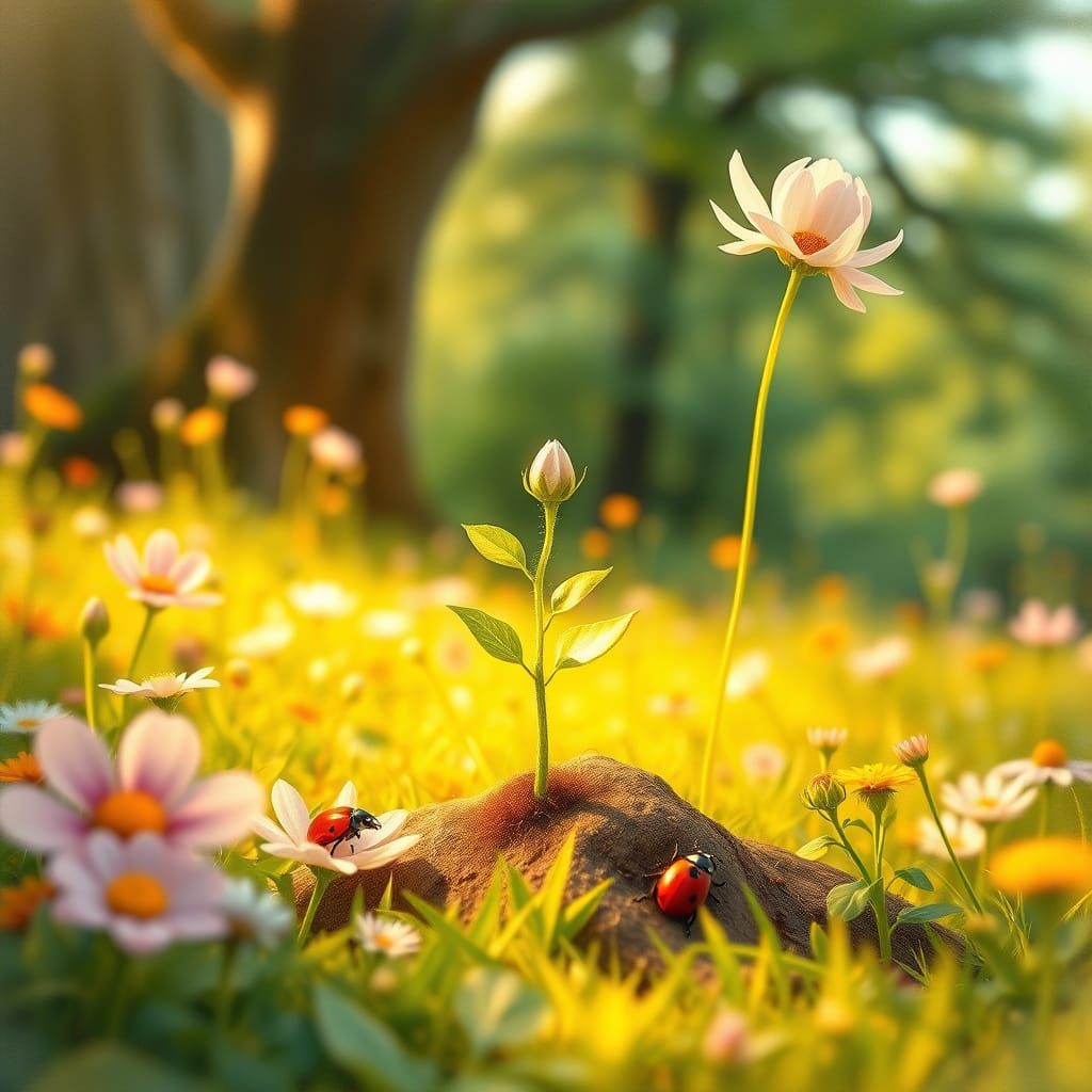 Whimsical Kindness Blooms in a Lush Meadow Scene