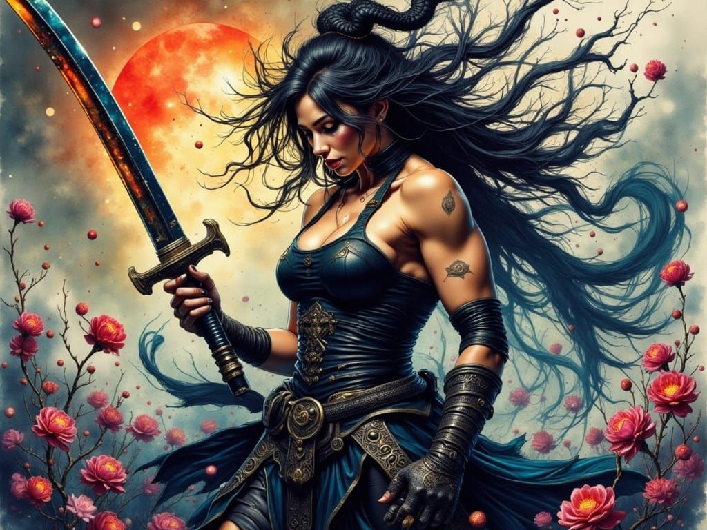 Female Samurai Warrior in Moody Lighting and Ink Splashes