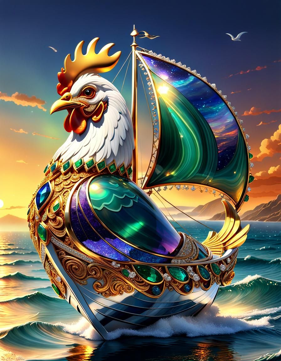 Glistening Gem-Encrusted Chicken Sailboat on Sunset Ocean
