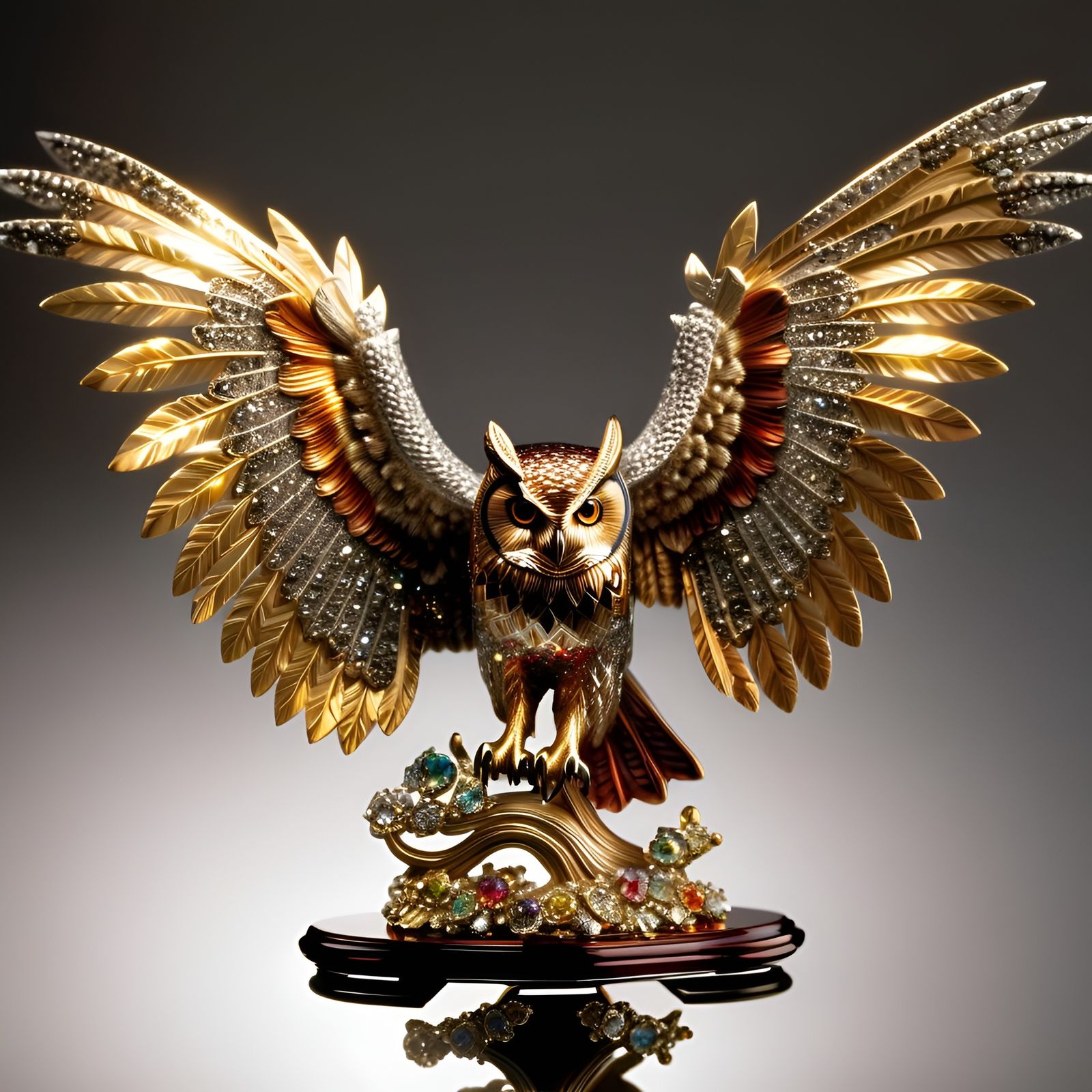 Metal Owl Figurine in Flight, Jewel-toned