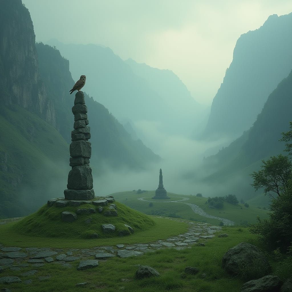 Misty Stone Circle with Mountains, Romantic Landscape