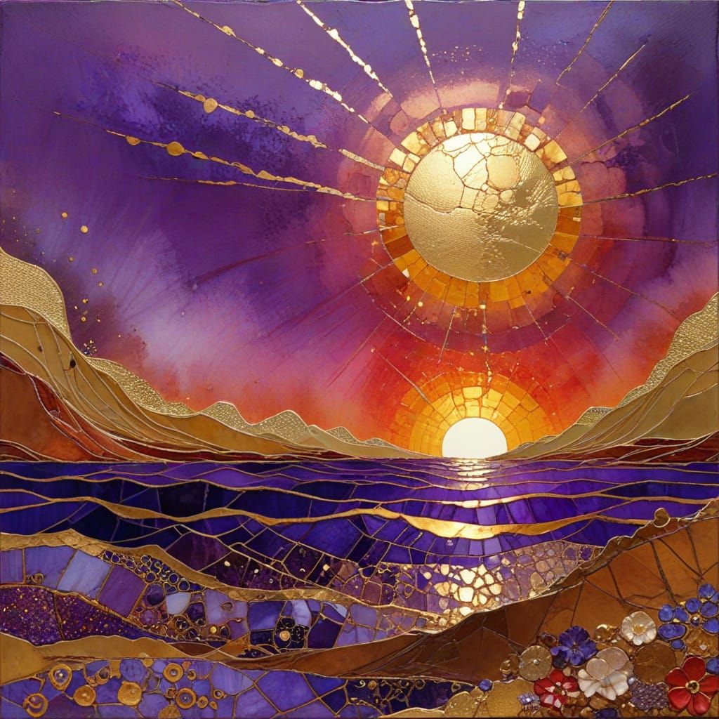 Impasto Ocean Sunset in Vibrant Kintsugi Style