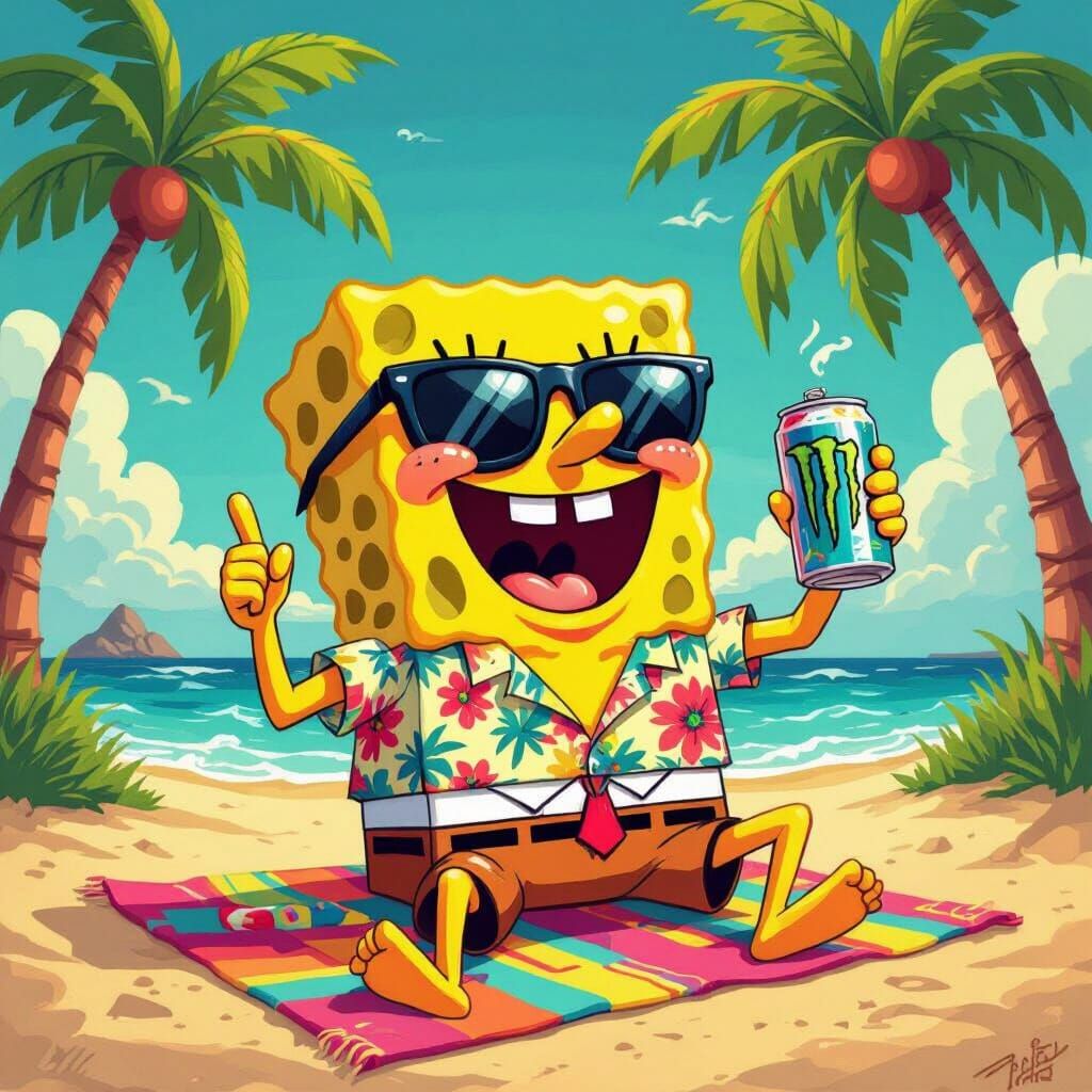 Spongebob Squarepants Sipping Energy Drink on Beach - Pop Ar...