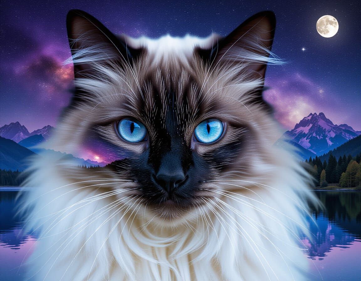 Majestic Siamese Cat with Galaxy Landscape, Digital Art