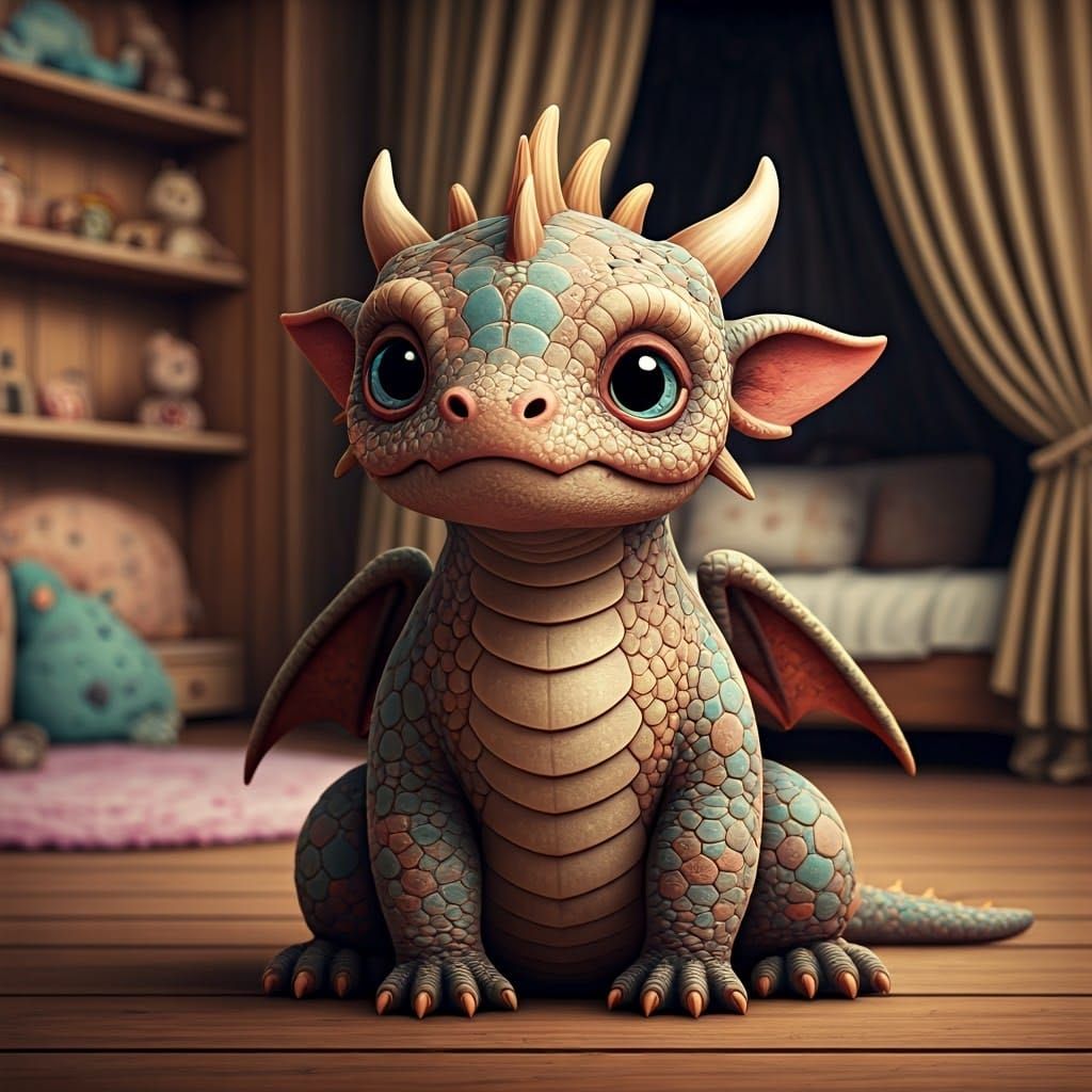 Whimsical Plush Baby Dragon in a Cozy Bedroom