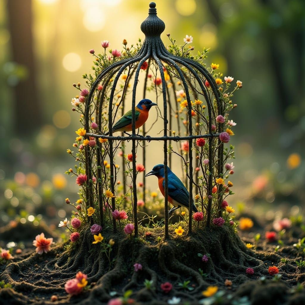 Enchanted Root Birdcage Bathed in Sunrise
