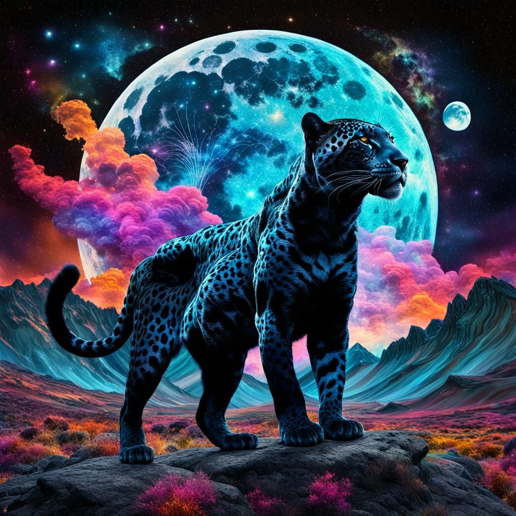 Surreal Cosmic Jaguar-Man Portrait in Mixed Media Art