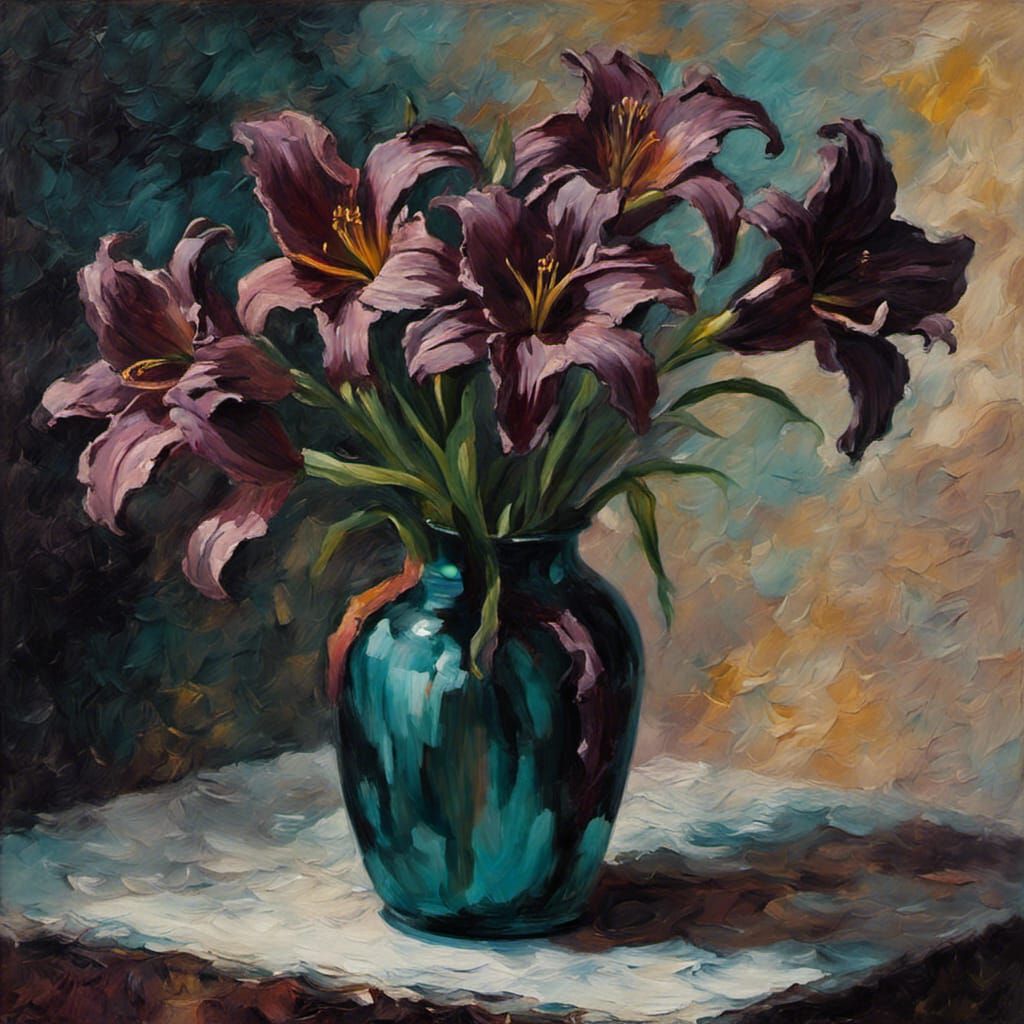 Mauve Daylilies Still Life as Impasto Oil Painting