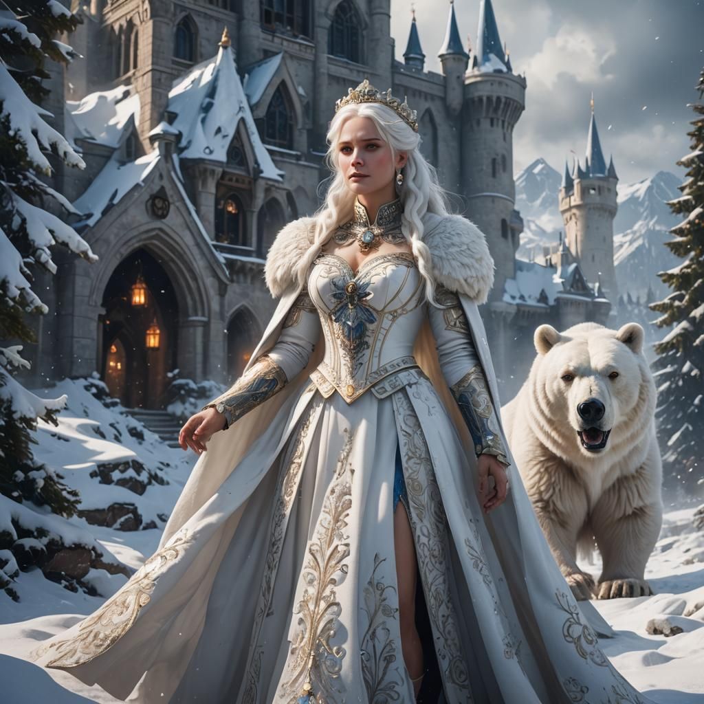 Snow Queen and Polar Bear in Detailed Matte Painting