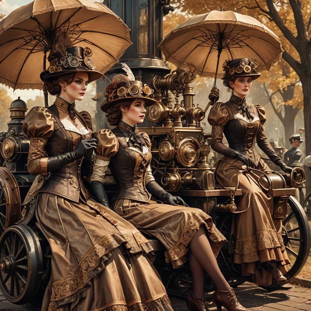 Steampunk Ladies with Engine in Leonetto Cappiello Style